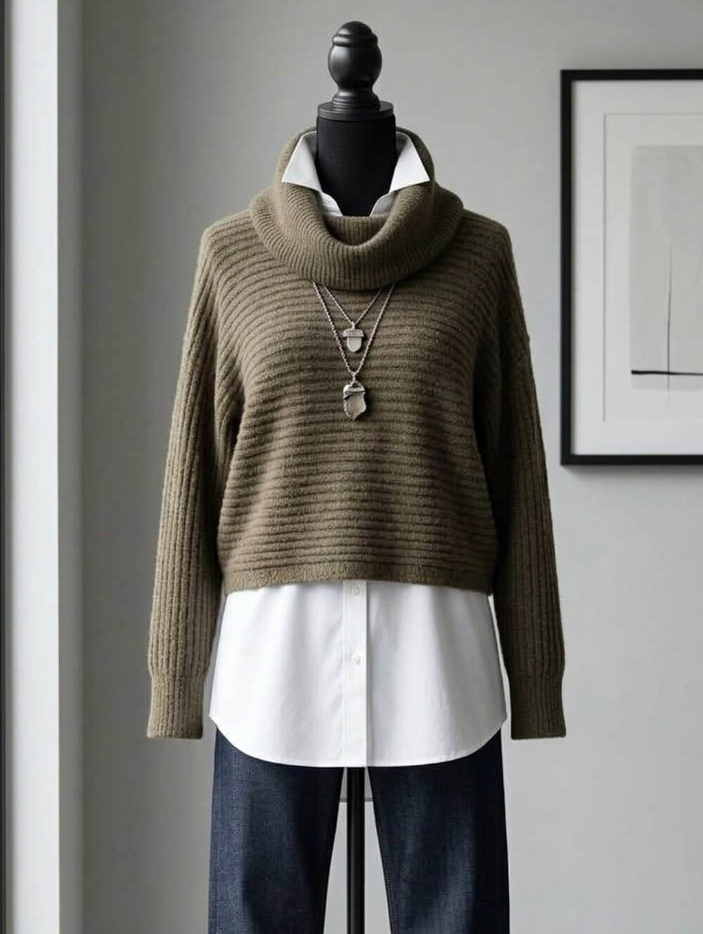 Pink Rose Olive Green Cowl Neck Sweater